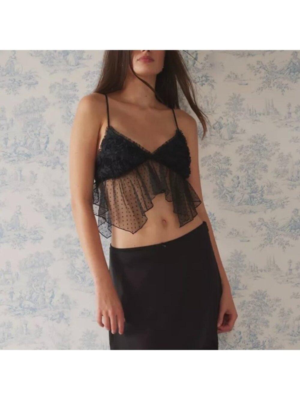 NEW Kimchi Blue Black Lace Asymmetric Babydoll Crop Top Sz S 3D Flower Ethereal - Picture 14 of 15